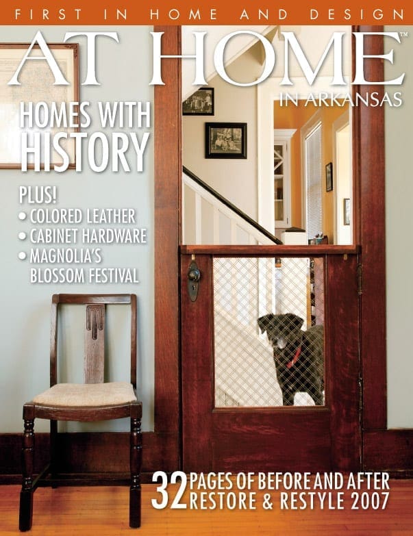 ‘At Home’ magazine cover featuring a staircase and dog.