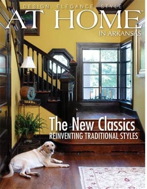 Magazine cover: ‘At Home in Arkansas’ with a staircase and dog.