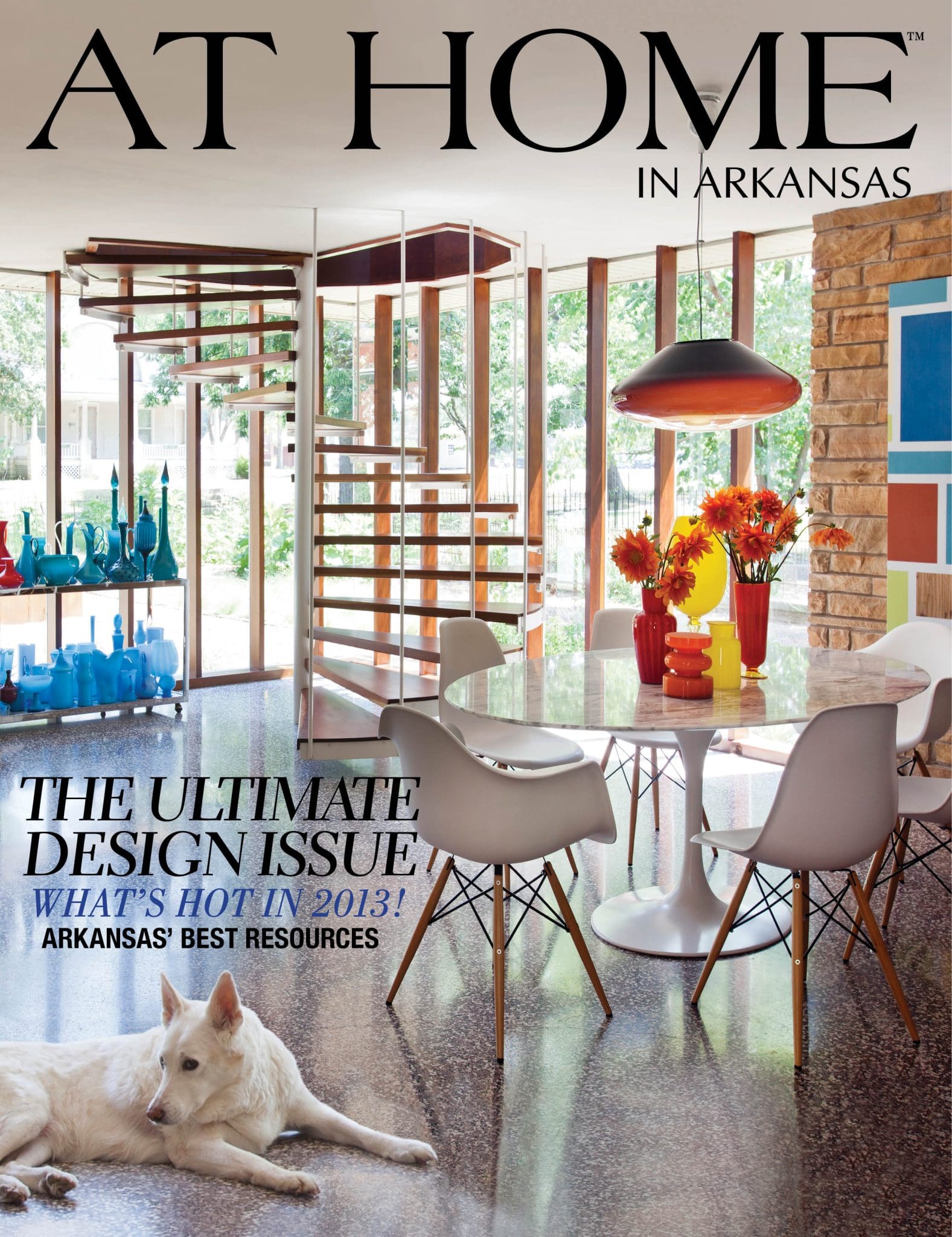 ‘At Home in Arkansas’ magazine cover featuring a modern dining area.
