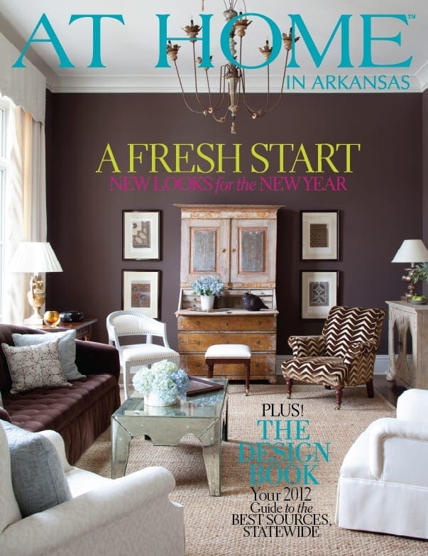 ‘At Home in Arkansas’ magazine cover featuring a dark wall and furniture.