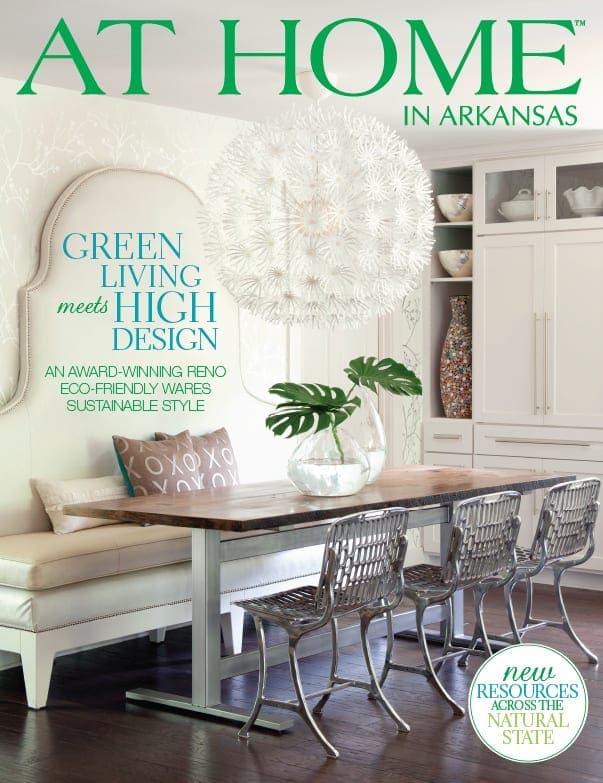 At Home Arkansas magazine cover featuring a green interior design.