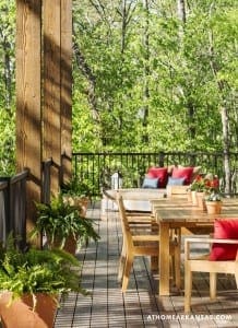 Wooden deck with seating, plants, and railing overlooking a forest.