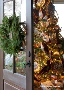 Dark wooden door with Christmas wreath and tree.
