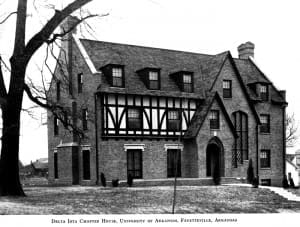 Brick house with Tudor details, University of Arkansas Delta Iota Chapter House.
