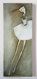 Abstract painting of a heron on a gray background with white details.