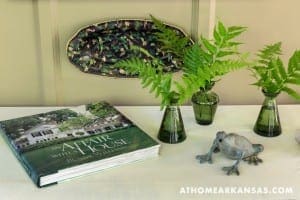 Green fern arrangement on a white table with books and decor.