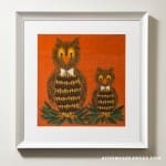 Cross-stitch artwork of two owls in formal attire.