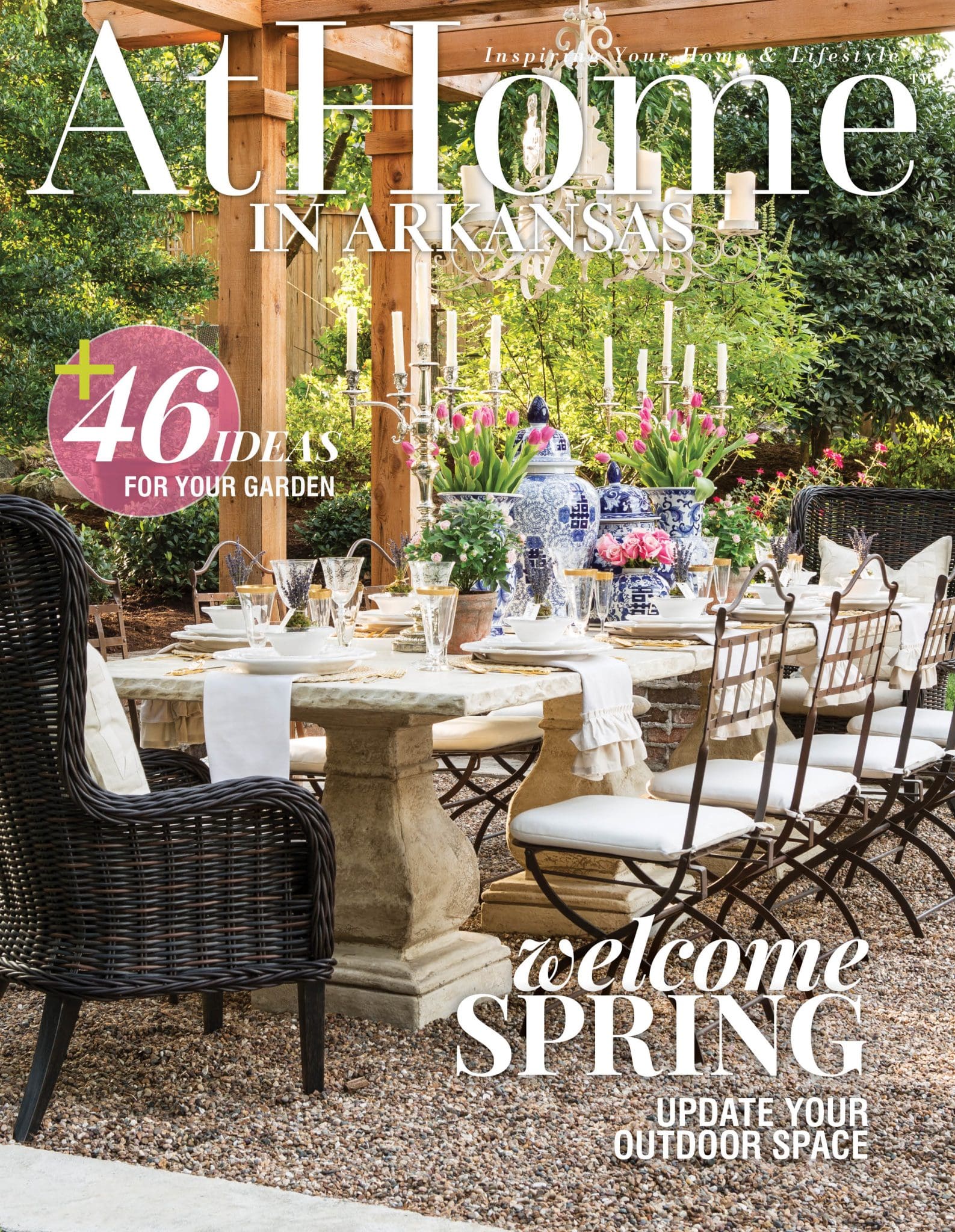 At Home magazine cover featuring outdoor dining table, tulips, and garden ideas.