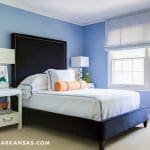 Blue bedroom with dark bed, white window, and light-colored rug.