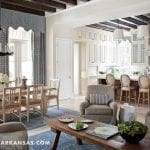 Large kitchen and dining area with exposed beams and cabinetry.