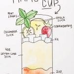 Illustration of Pimm's Cup cocktail with ingredients labeled: mint leaves, cucumber slice, apple