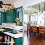 Two kitchens: one with dark green cabinets and a checkered backsplash, the other with white