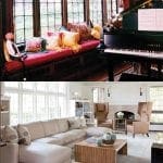 Living room with sectional sofa and fireplace, and a separate room with a piano and window seat.