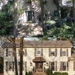 Two exterior views of a brick house. Top shows a gray brick house with a green door and awnings