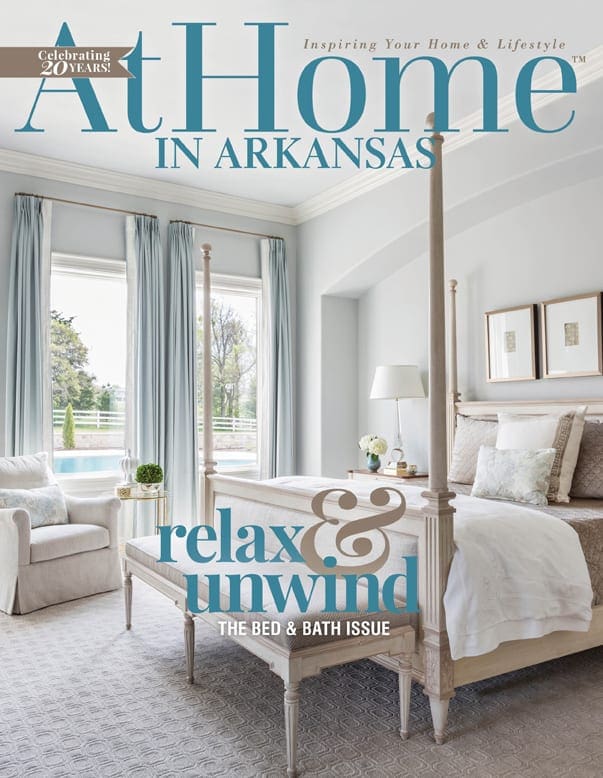 At Home In Arkansas magazine cover, "Celebrating 20 Years!" headline, "relax & unwind" text, "The