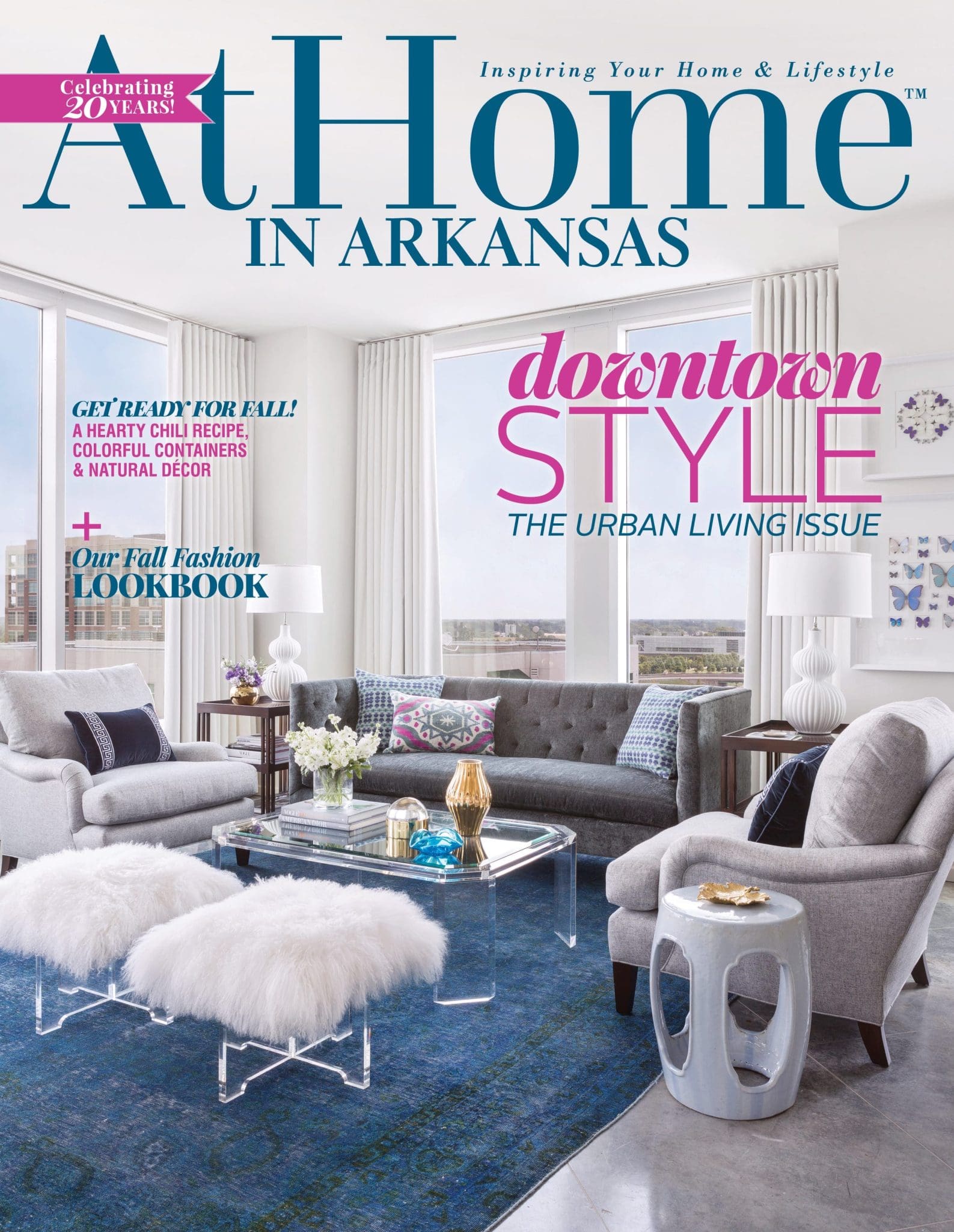At Home in Arkansas magazine cover with 'Downtown Style' headline and living room interior.