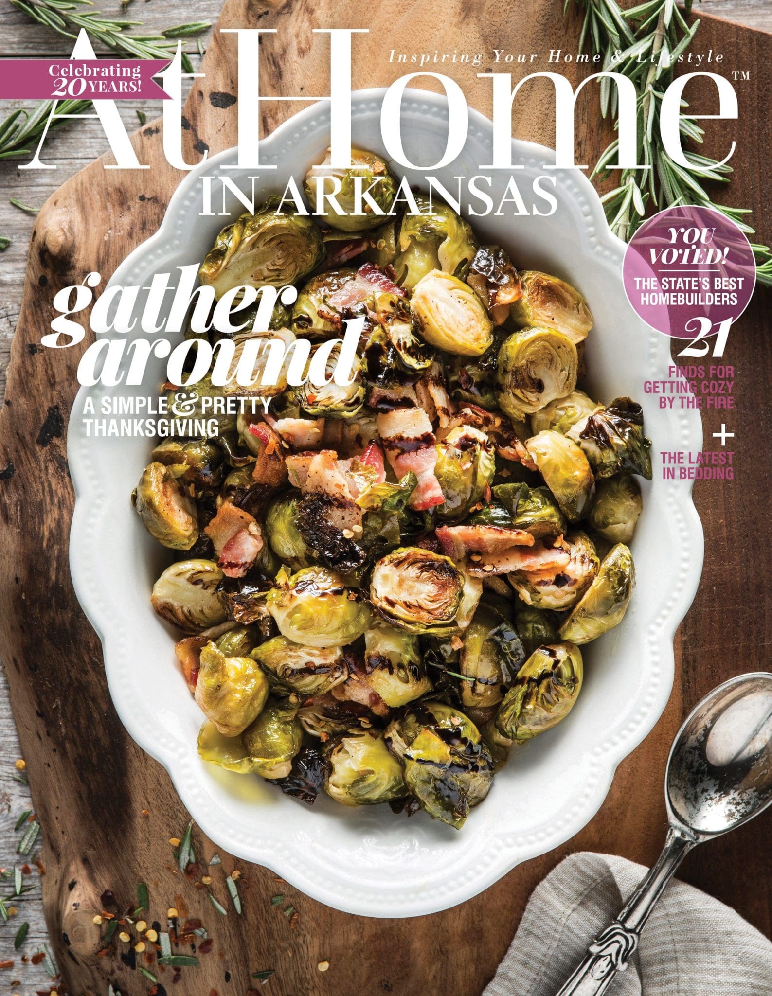 At Home in Arkansas magazine cover with roasted Brussels sprouts and text about Thanksgiving and