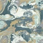 Swirling pattern of teal, gold, gray, and white marbled wallpaper