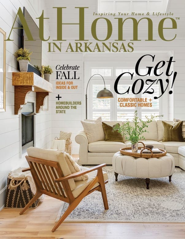 At Home in Arkansas magazine cover with "Get Cozy!" headline and fall interior design.