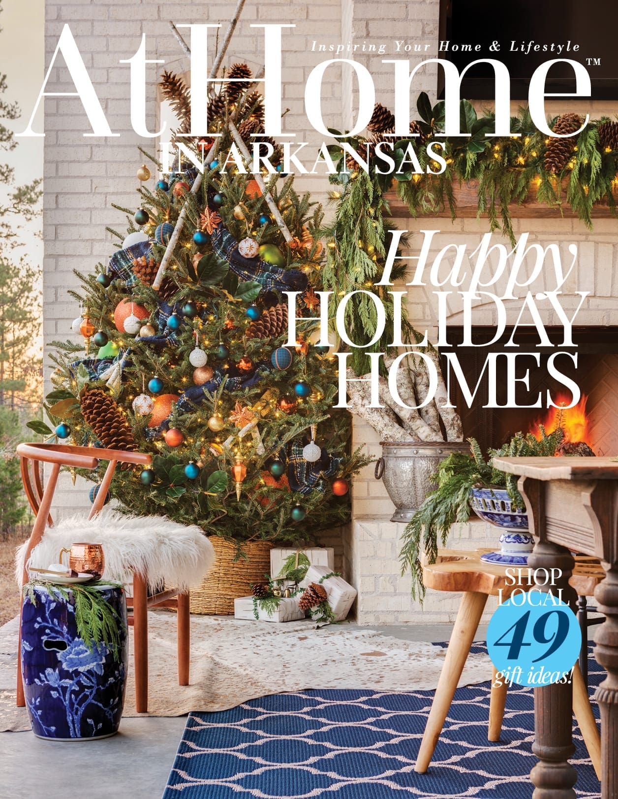 At Home in Arkansas magazine cover with headline 'Happy Holiday Homes' and 'Shop Local 49 gift