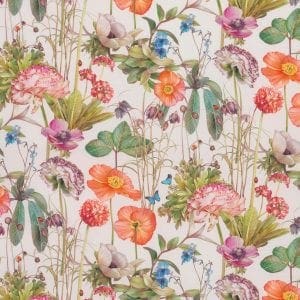 Botanical illustration of poppies, anemones, and other flowers with butterflies and ladybugs.