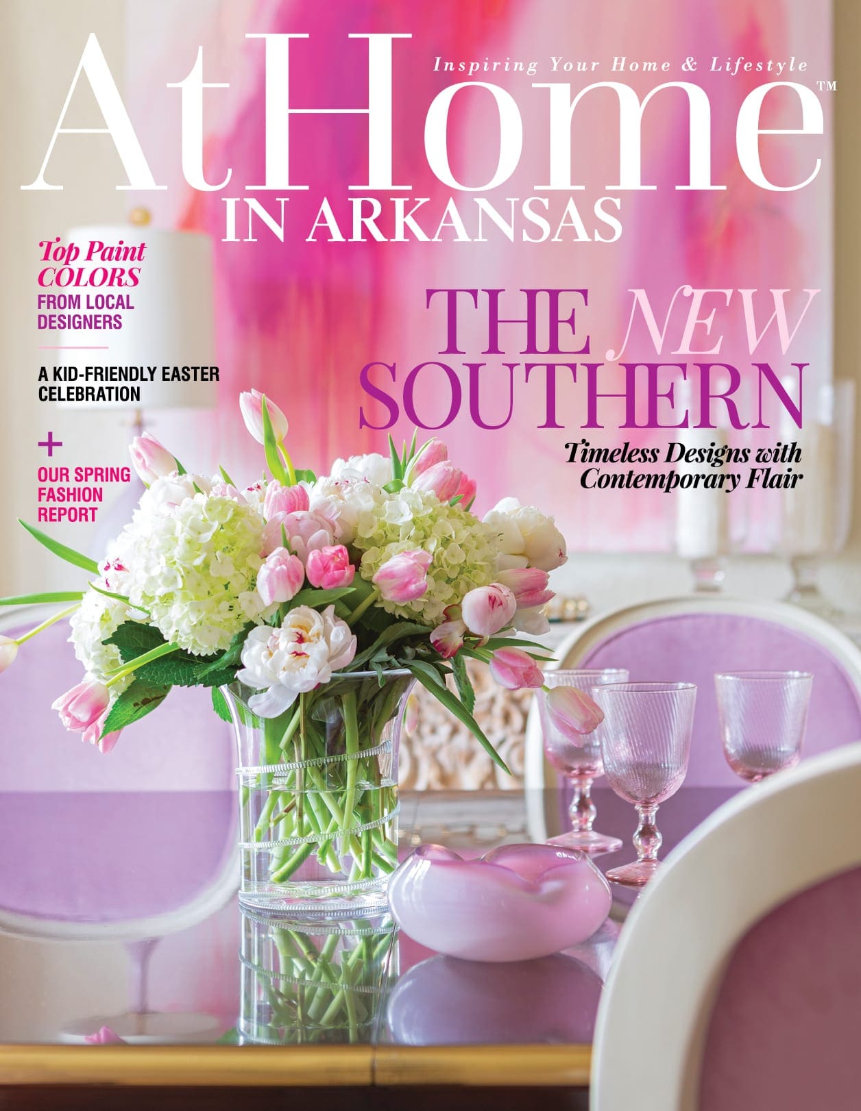 AtHome in Arkansas magazine cover featuring "The New Southern" and a floral arrangement.