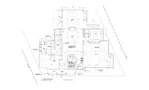 Main floor plan showing living area, kitchen, master bedroom, garage, and covered deck.