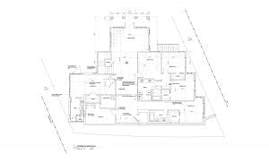 Lower floor plan blueprint showing rooms, dimensions, and annotations.