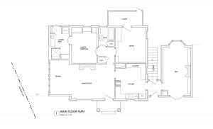 Main floor plan showing living room, dining room, kitchen, master bedroom, bath, office, den, and