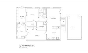 Lower floor plan showing sun porch, utility, bedroom, bath, living room, kitchenette, storage