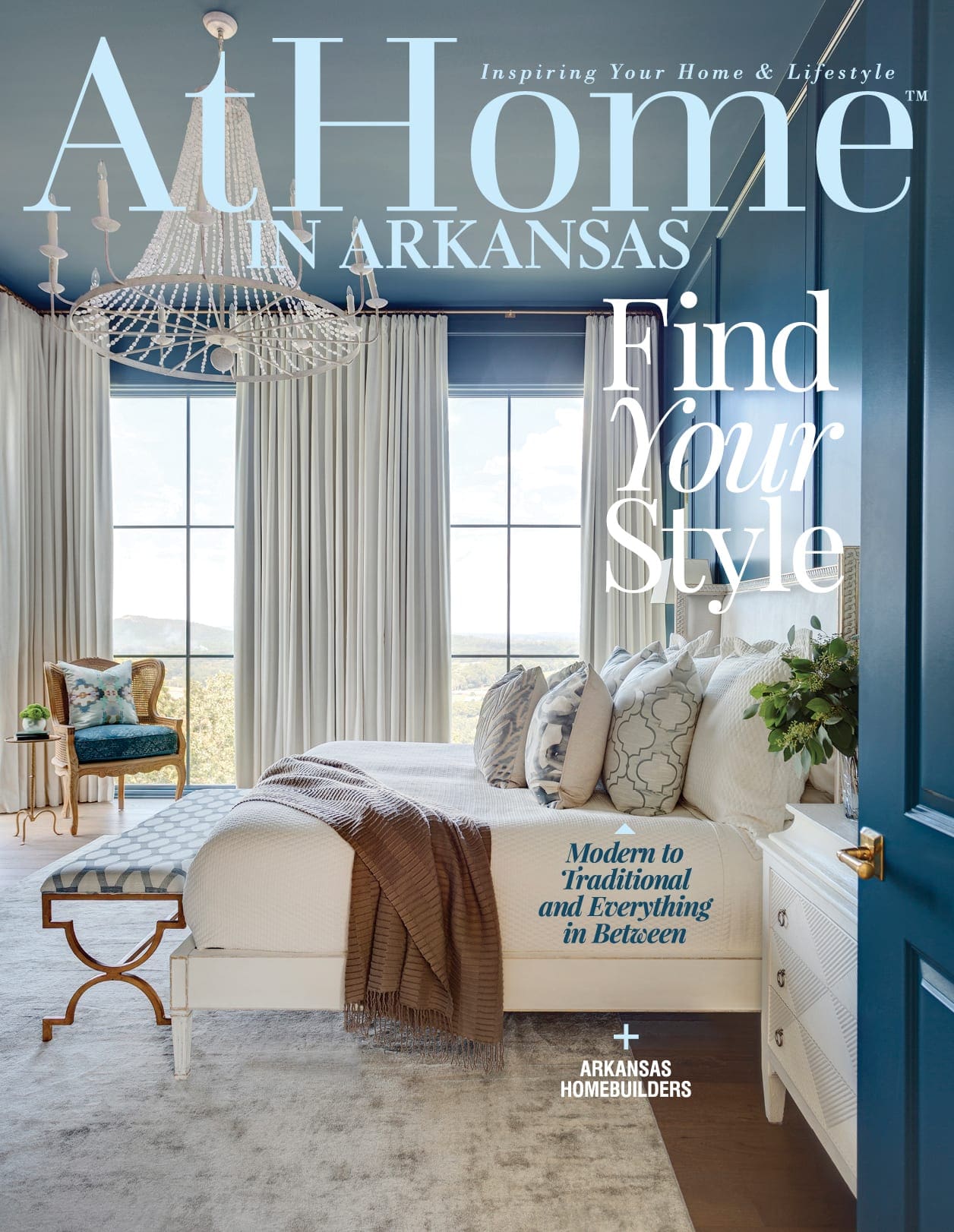 At Home in Arkansas magazine cover with bedroom interior and "Find Your Style" headline.