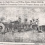 Drawing of a community center with eight stores and a filling station.
