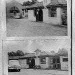 Two black and white photos of a building with a tiled roof, arched doorways, and windows. A car and
