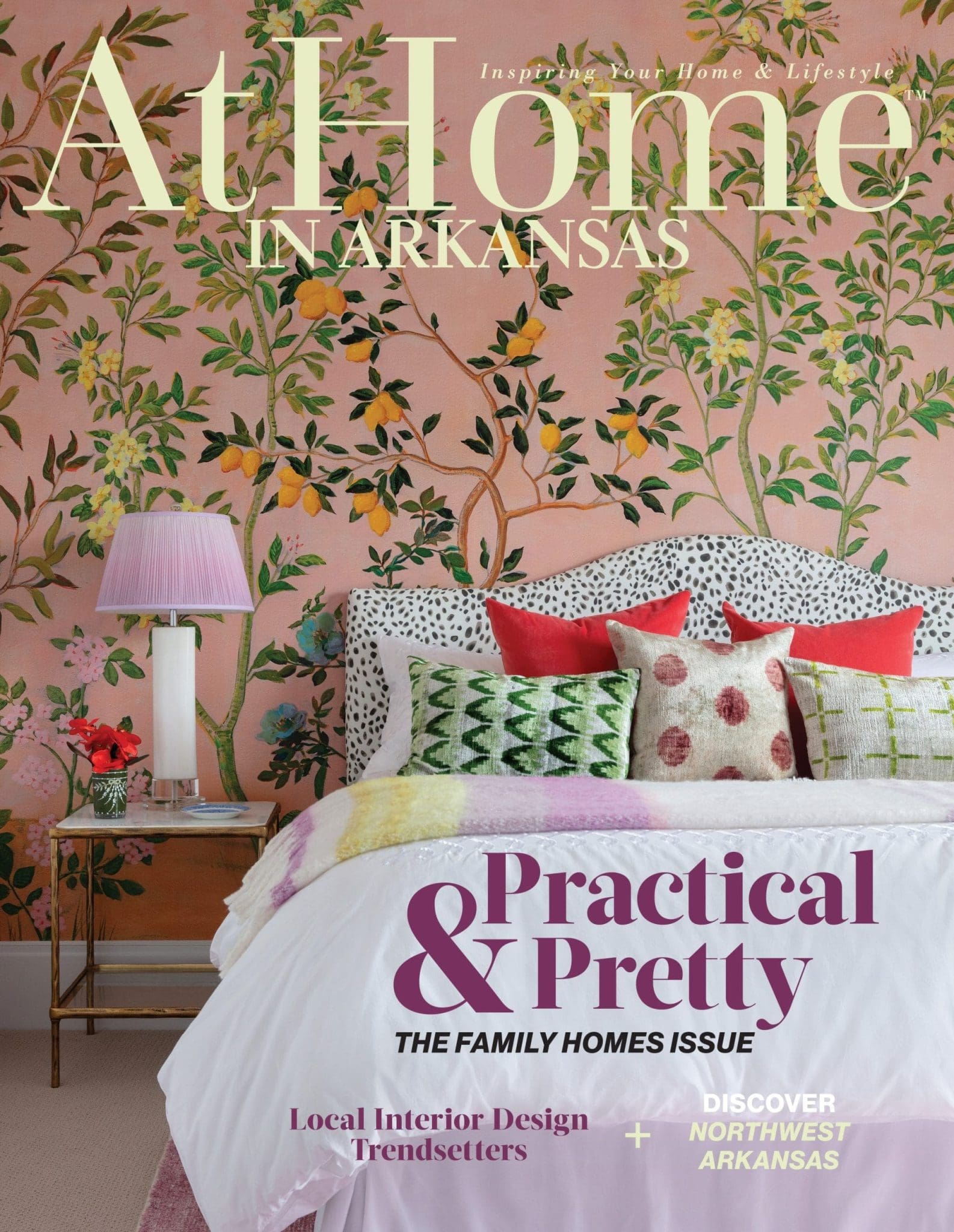 At Home magazine cover featuring a floral wallpaper, pink bedroom, and a lamp.