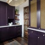 Dark purple cabinetry with gold patterned screens and shelves.