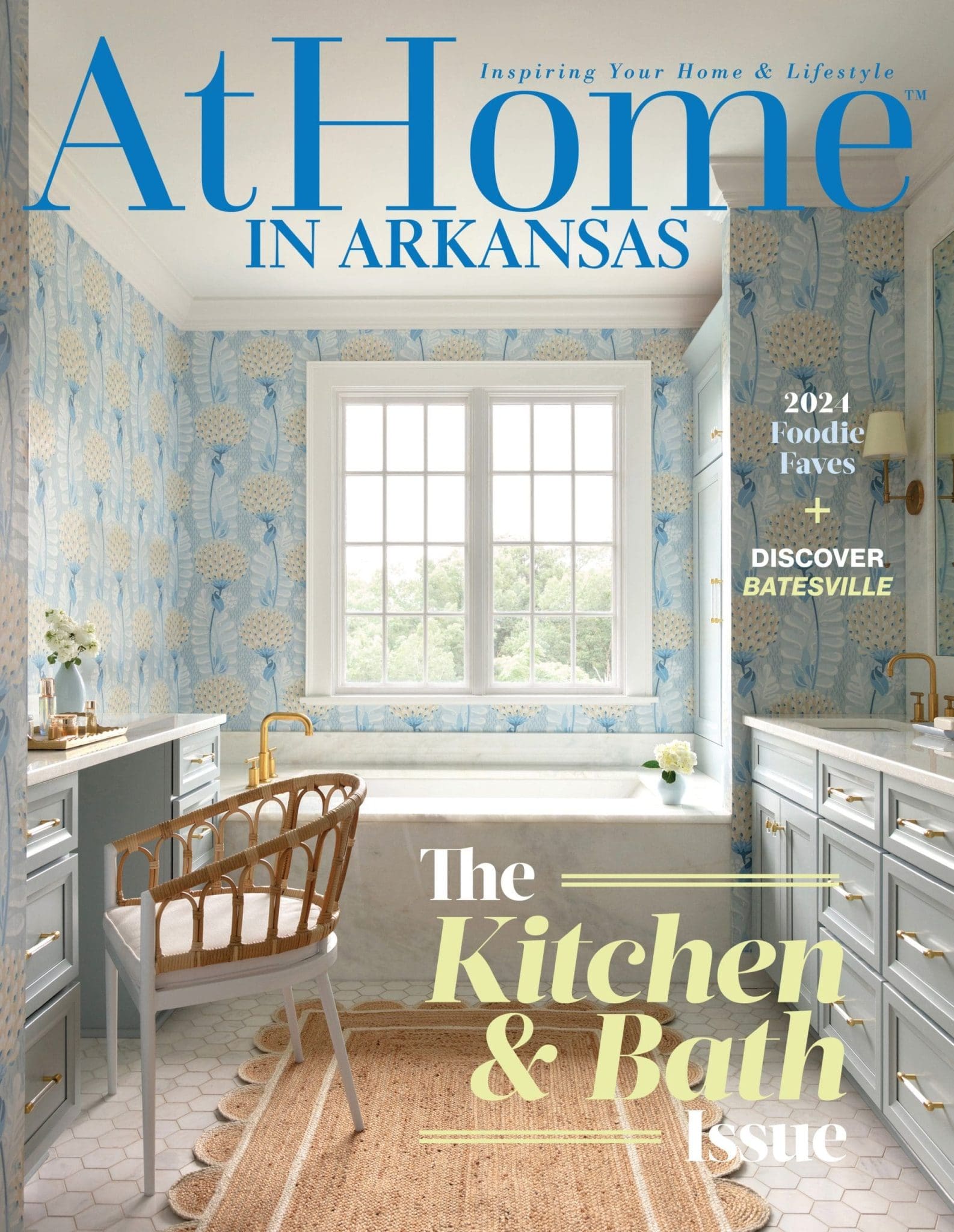 At Home Lifestyle magazine cover featuring a blue and white wallpapered kitchen.