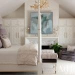 White bedroom with a four-poster bed and gold chandelier.