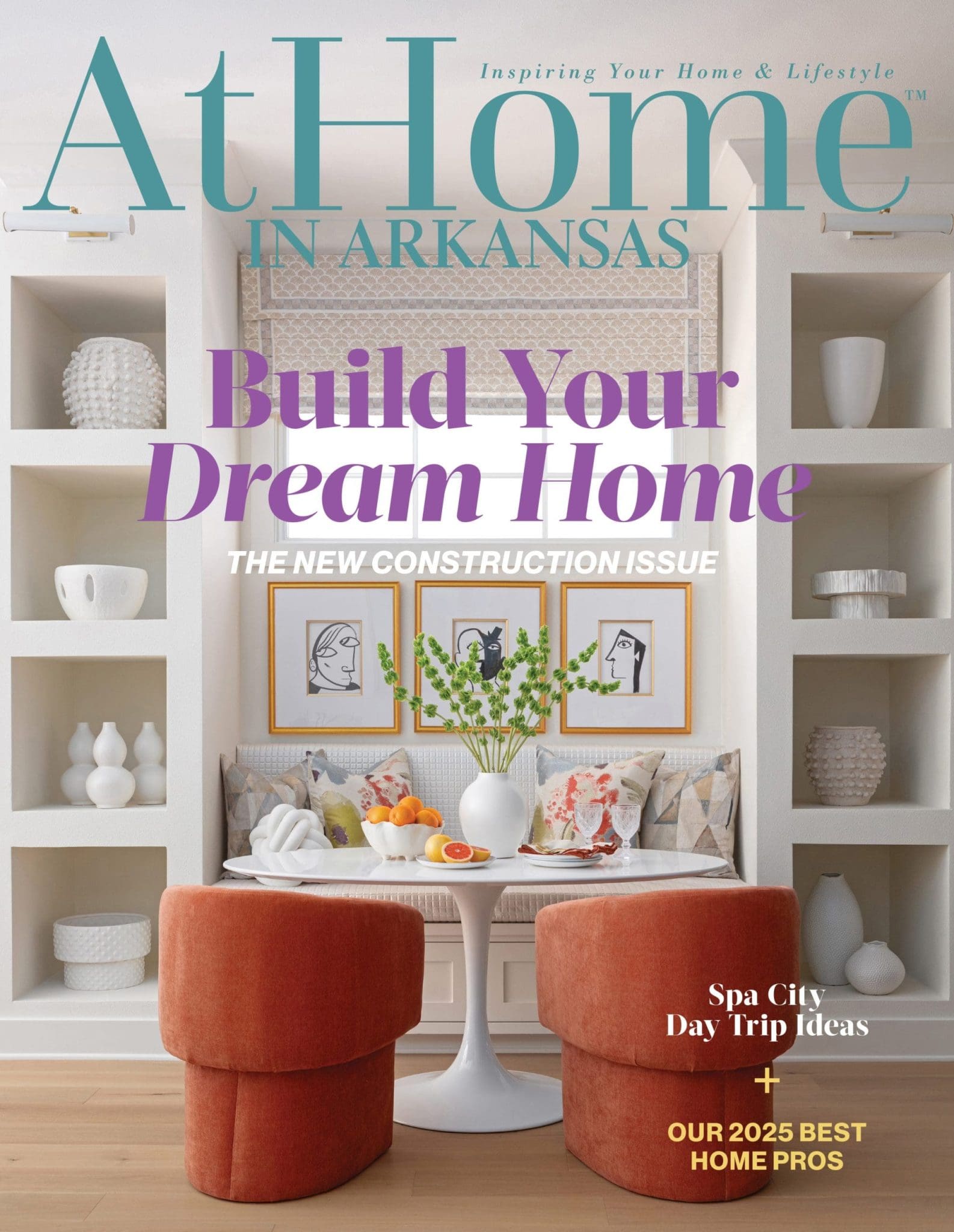 At Home Arkansas magazine cover featuring a bookshelf and interior design elements.