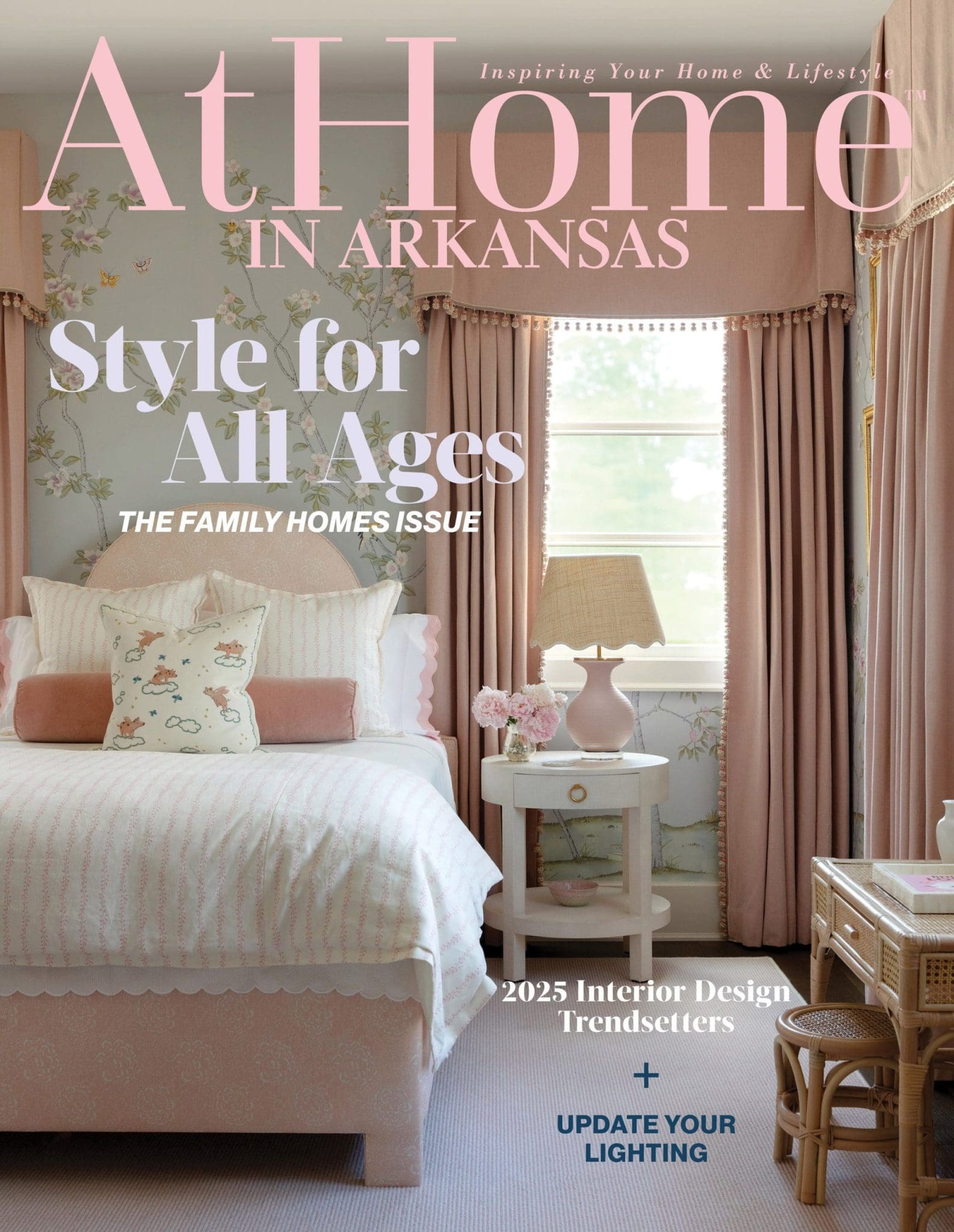 At Home in Arkansas magazine cover featuring a pink bedroom.