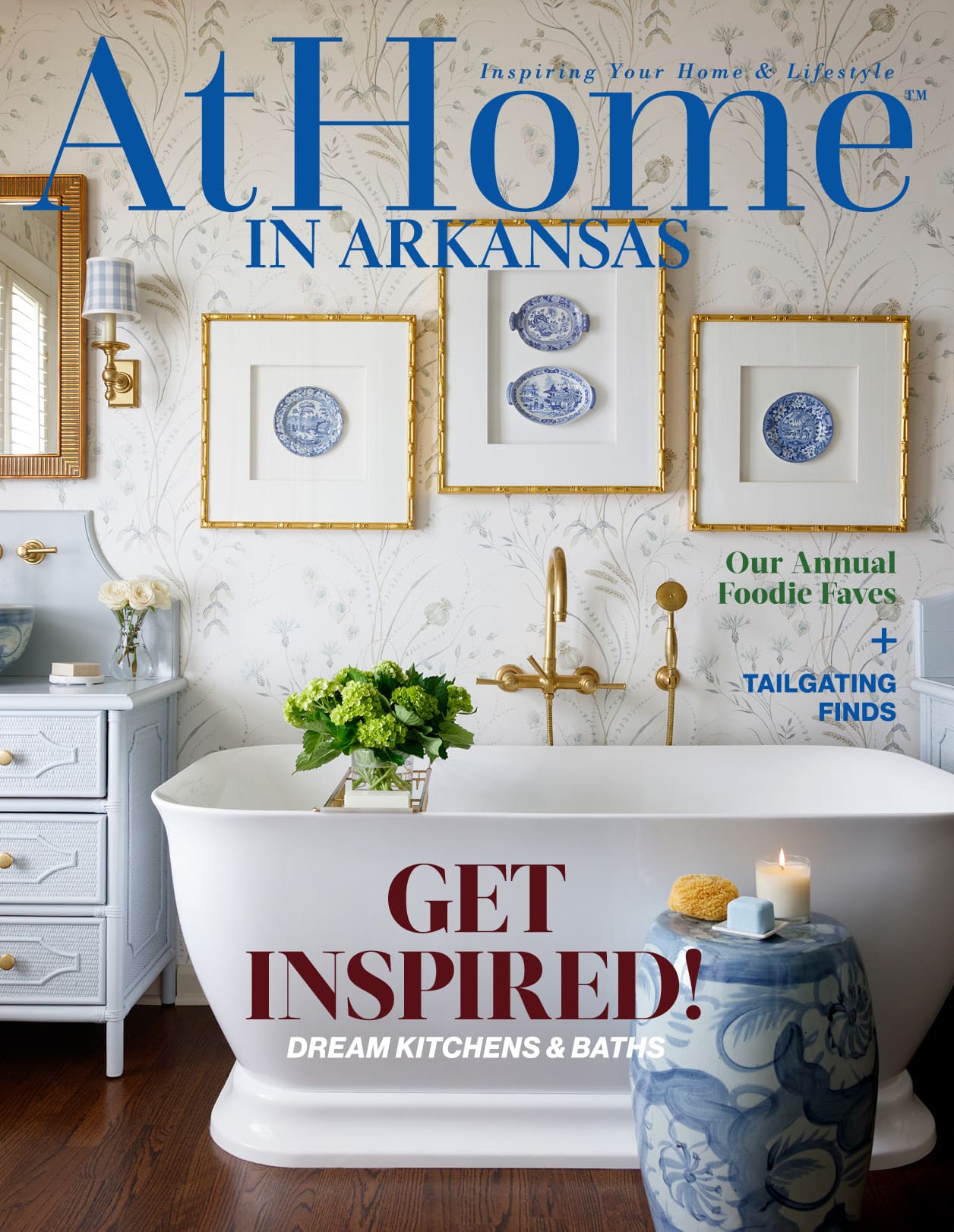 AtHome in Arkansas magazine cover featuring a bathroom with a clawfoot tub, floral wallpaper, and