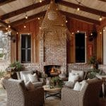 Covered patio with wicker furniture, brick fireplace, and string lights