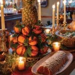 Table setting with pineapple pomander, cake, candles, and salad