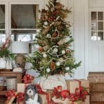 Christmas tree with plaid ribbon and ornaments, dog, and gifts on a porch
