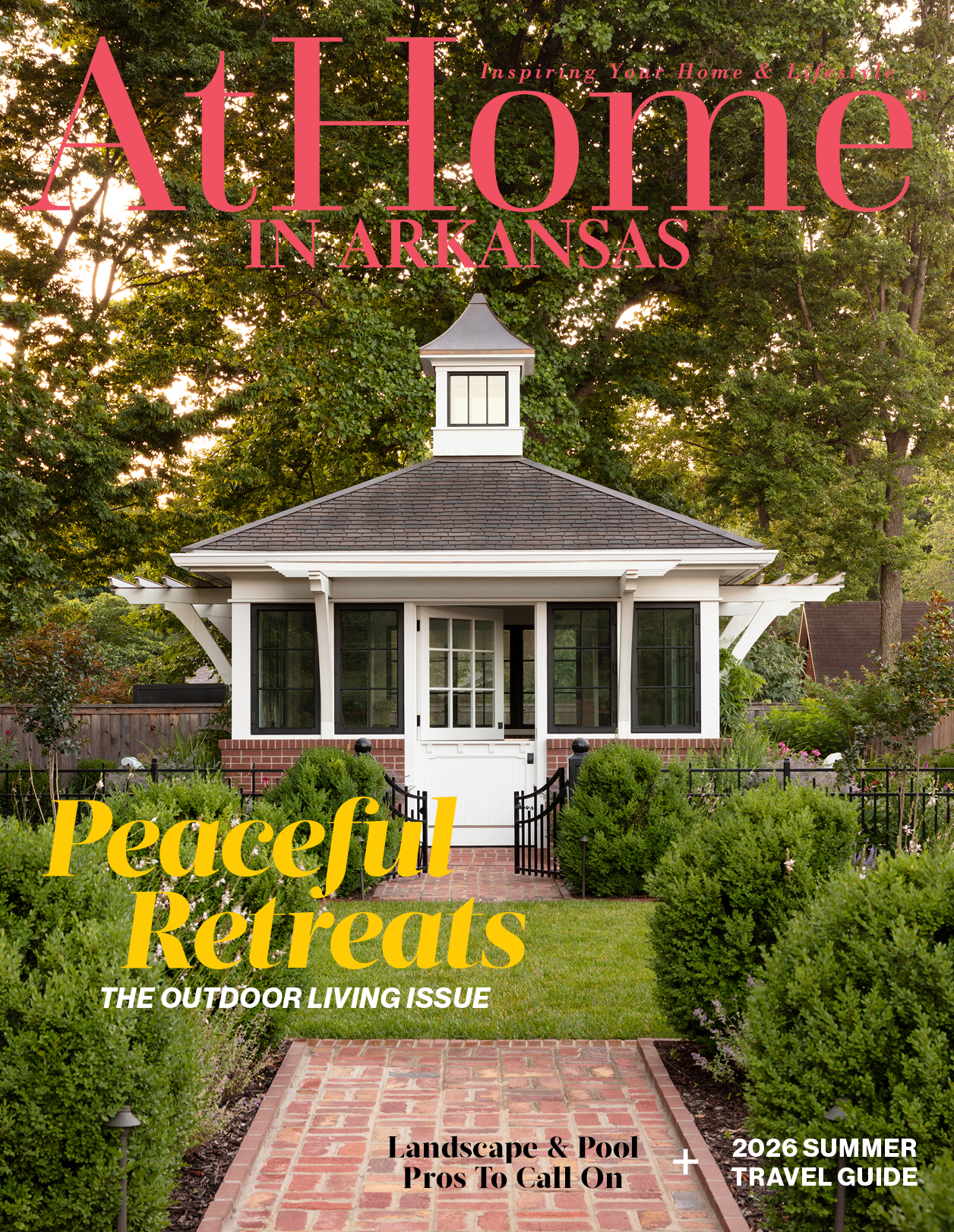 At Home magazine cover featuring a white gazebo in a garden.