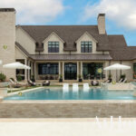 Modern home with pool, outdoor fireplace, and covered patio.