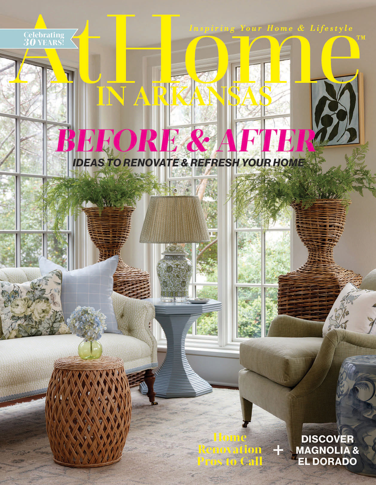 At Home in Arkansas magazine cover: "Before & After" issue with living room scene.