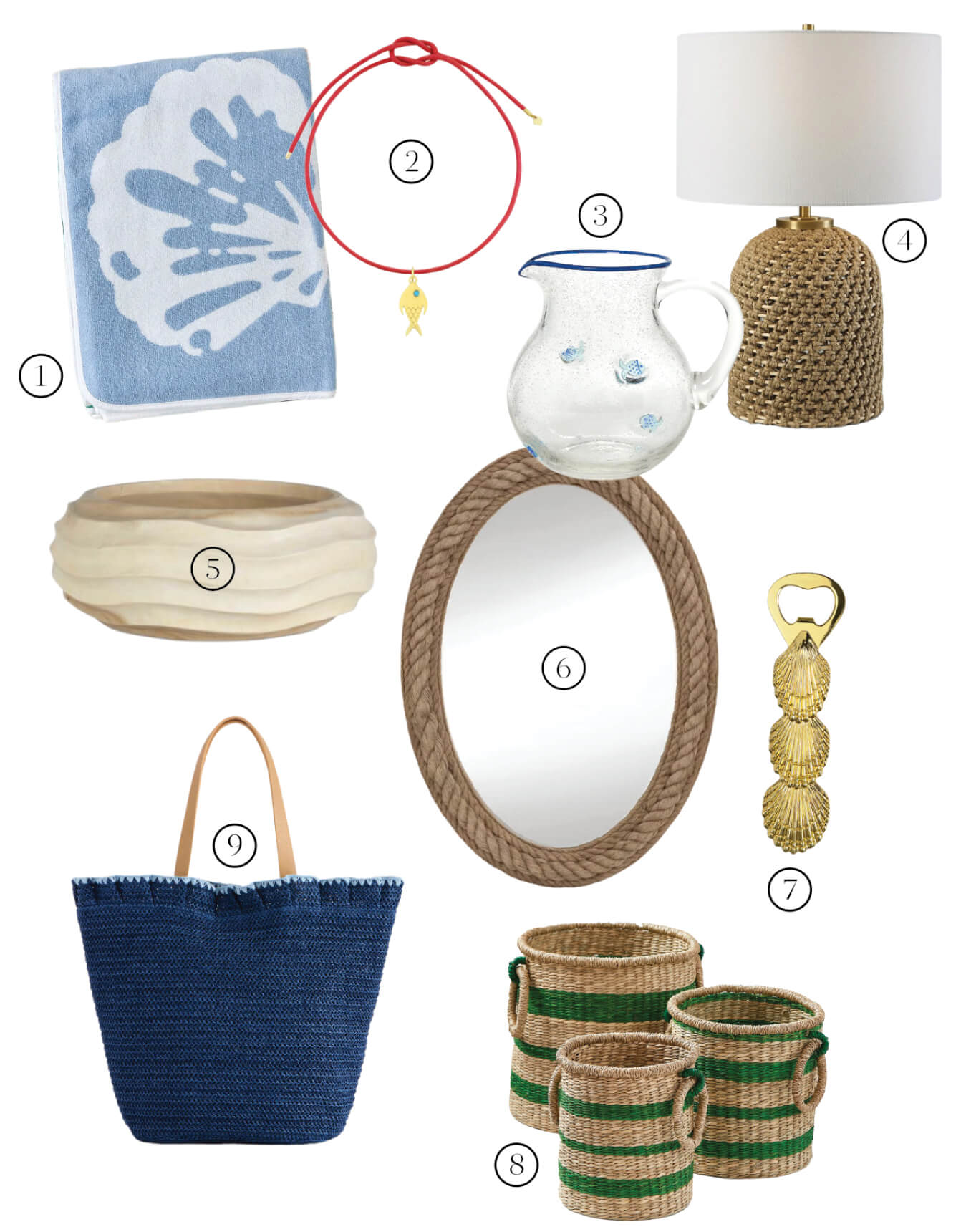 Blue and white towel, brass ornament, lamp, pitcher, bowl, mirror, rope bottle opener, basket, and