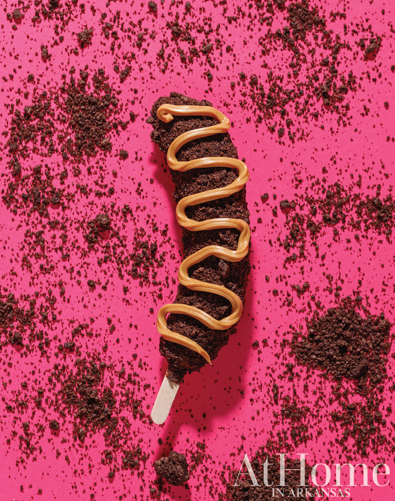 Chocolate ice cream popsicle covered in cookie crumbs on pink background.