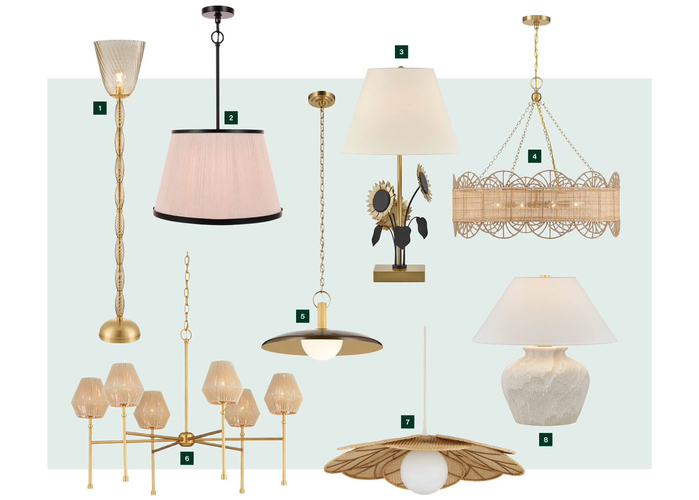 Four decorative pendant lights with various shades and chains.