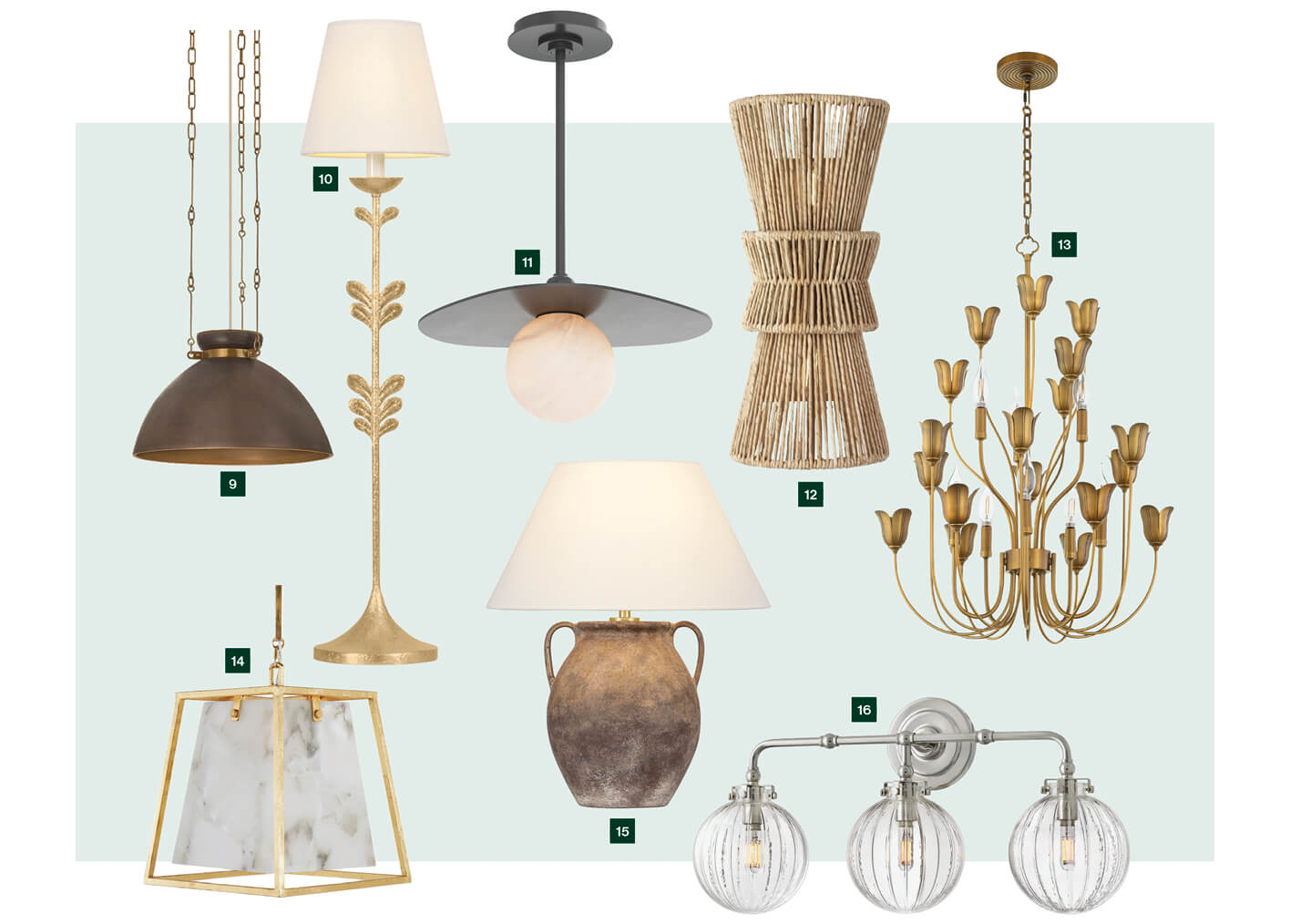Selection of modern brass and ceramic light fixtures.